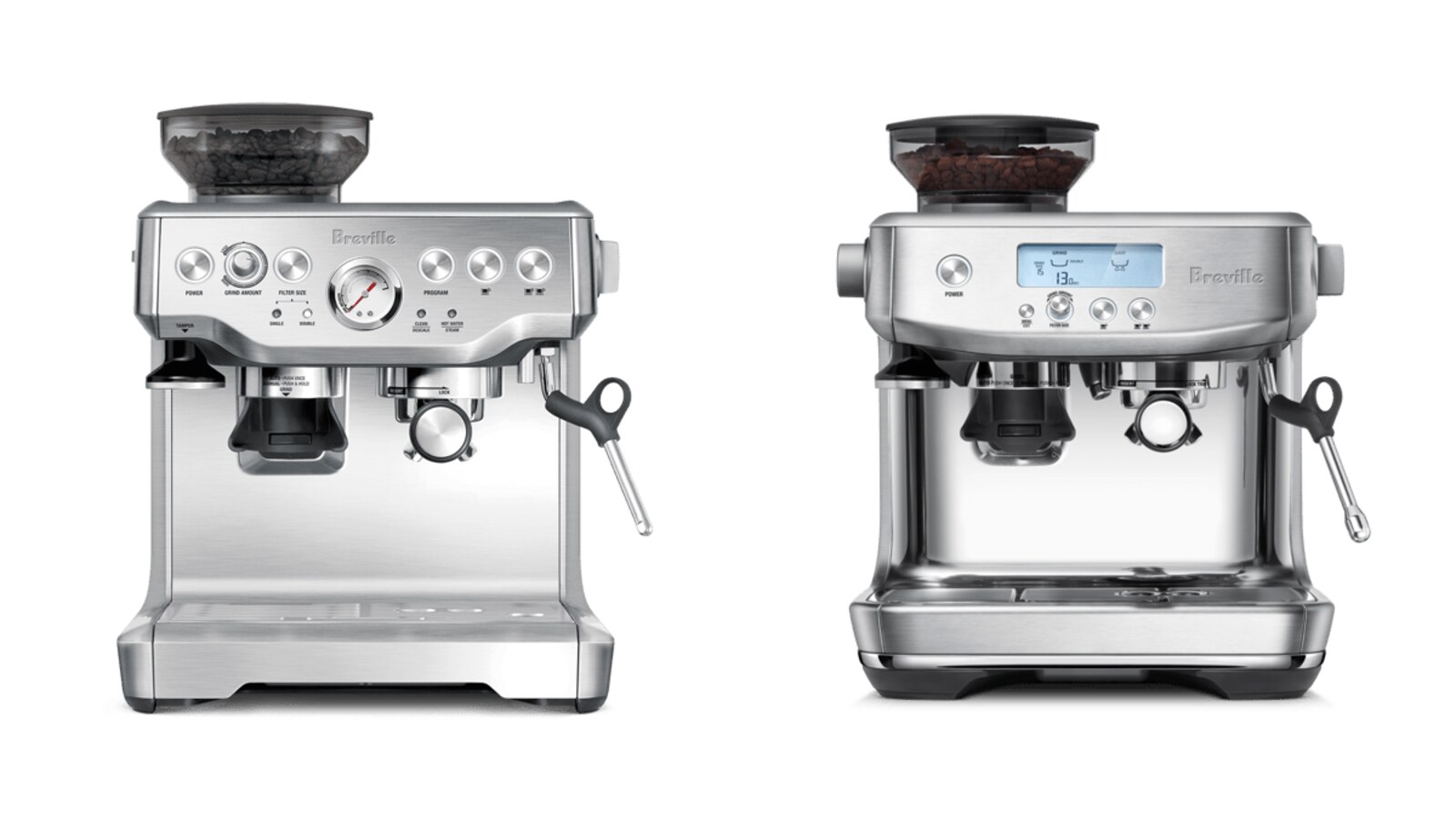 Breville Barista Express and Barista Pro espresso machines side by side