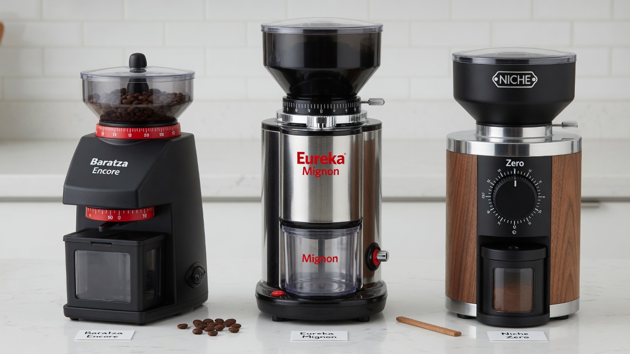 Espresso grinder hopper filled with fresh roasted coffee beans