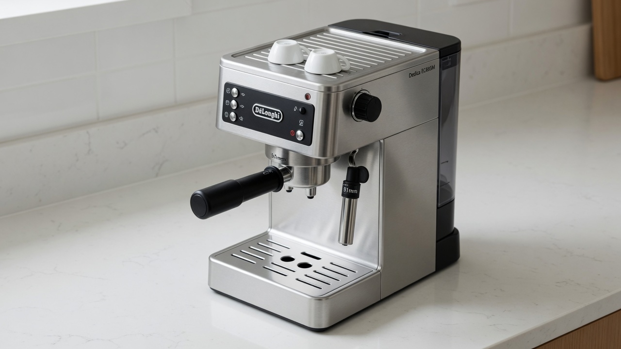 Clean modern kitchen counter ready for a compact espresso machine
