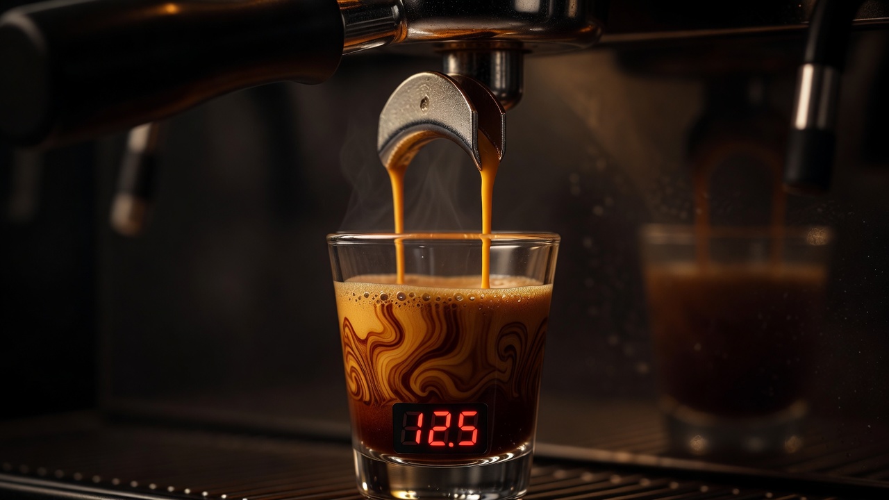 Espresso shot pulling into a glass cup on a scale with a timer running