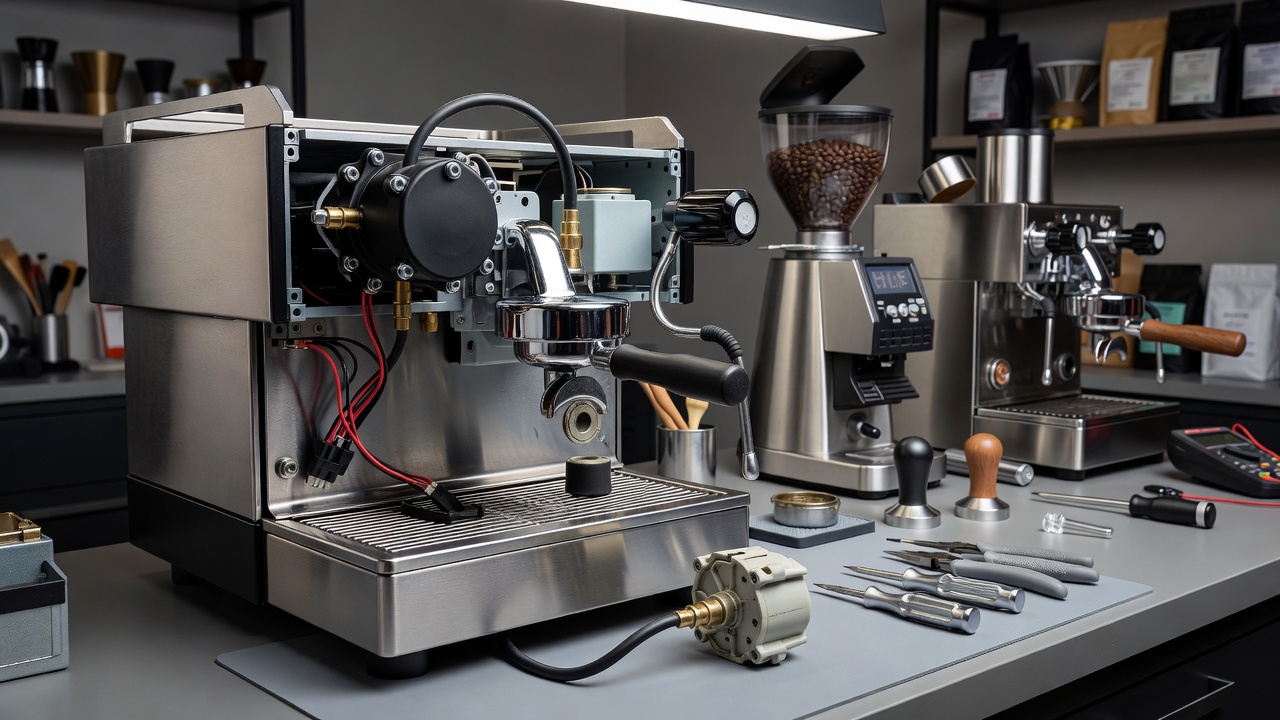 Hands maintaining espresso machine portafilter with pressure gauge visible