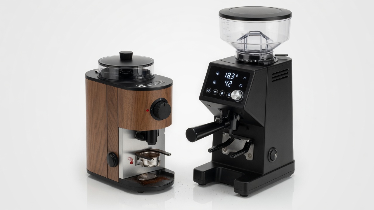 Niche Zero and Baratza Sette 270 espresso grinders side by side on countertop