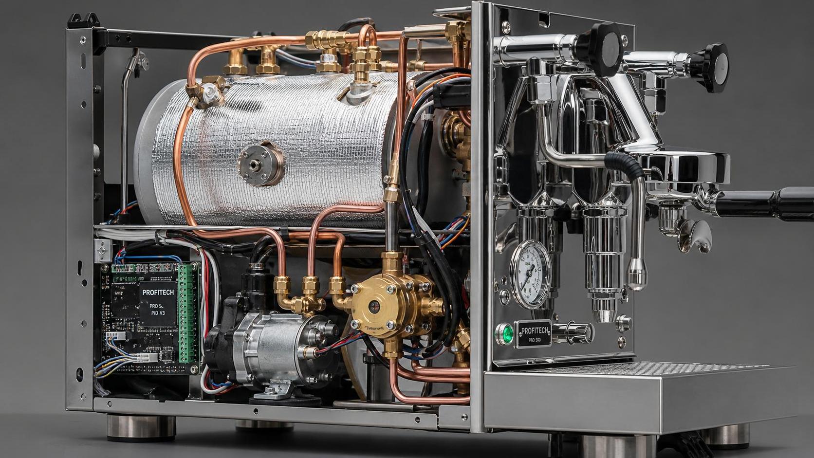 Profitec Pro 500 internal components showing insulated stainless steel boiler and E61 group
