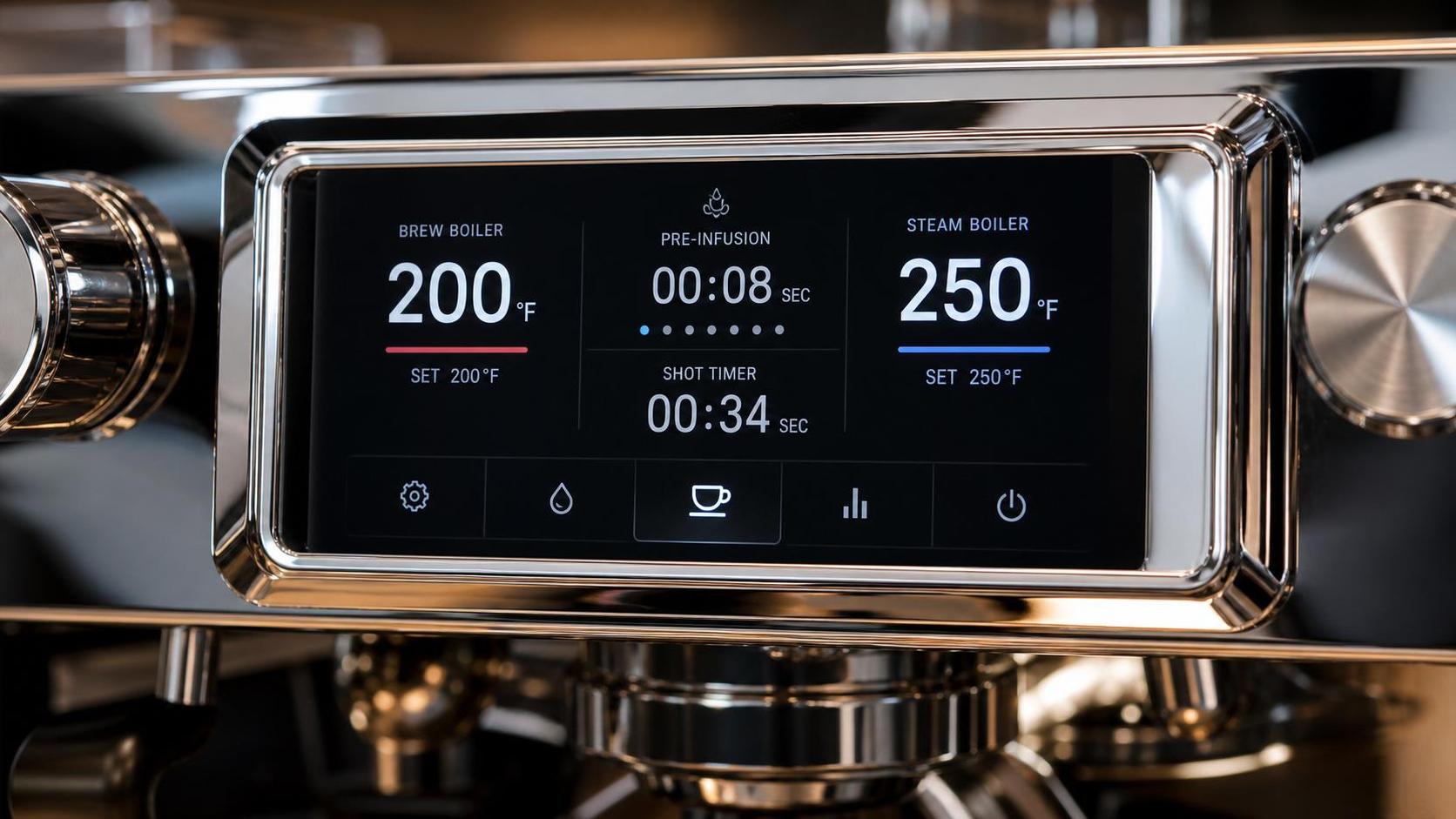 Rocket R58 touchscreen PID controller showing dual boiler temperature settings